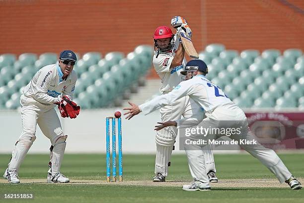 Tim Ludeman of the Redbacks bats during day two of the Sheffield Shield match between the South Australian Redbacks and the New South Wales Blues at...