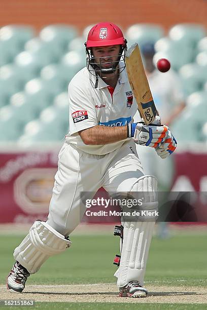 Tim Ludeman of the Redbacks bats during day two of the Sheffield Shield match between the South Australian Redbacks and the New South Wales Blues at...