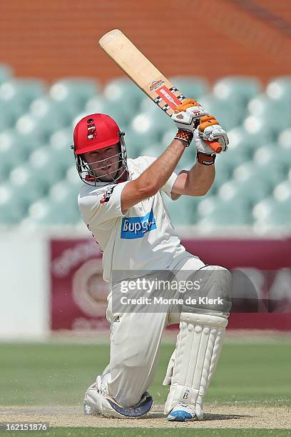 Jake Brown of the Redbacks bats during day two of the Sheffield Shield match between the South Australian Redbacks and the New South Wales Blues at...
