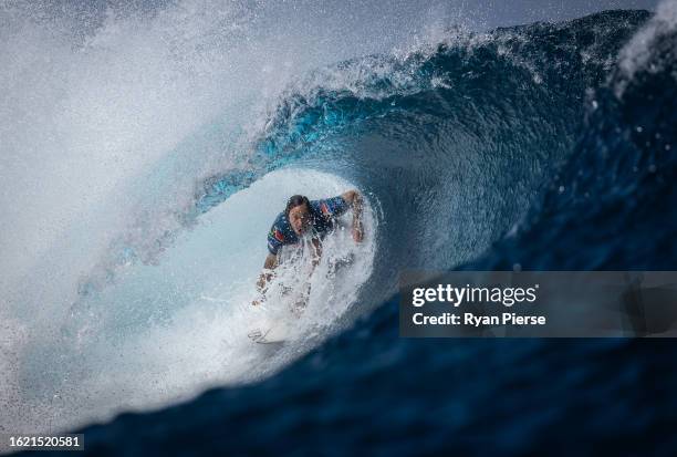 Jordy Smith of South Africa surfs a barrel wave during the 2023 Shiseido Tahiti Pro on August 11, 2023 in Teahupo'o, French Polynesia. Teahupo'o has...