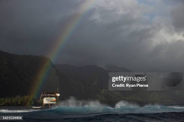Rainbow appears above the judges tower during the 2023 Shiseido Tahiti Pro on August 16, 2023 in Teahupo'o, French Polynesia. Teahupo'o has been...