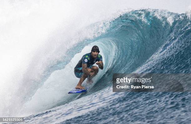 Gabriel Medina of Brazil surfs a barrel wave during the 2023 Shiseido Tahiti Pro on August 16, 2023 in Teahupo'o, French Polynesia. Teahupo'o has...