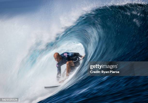 Kelly Slater of United States rides in a barrel wave on August 15, 2023 in Teahupo'o, French Polynesia. Teahupo'o has been hosting the WSL Tahiti Pro...