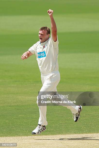 Doug Bollinger of the Blues celebrates after getting a wicket during day two of the Sheffield Shield match between the South Australian Redbacks and...