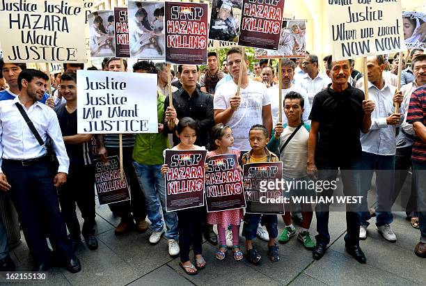 Ethnic Hazaras protest outside Pakistan's Sydney consulate in Sydney on February 20, 2013 over bombings targeting the Shiite minority in Pakistan. On...