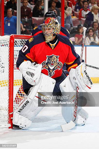 Goaltender Jose Theodore of the Florida Panthers defends the net against the Toronto Maple Leafs at the BB&T Center on February 18, 2013 in Sunrise,...