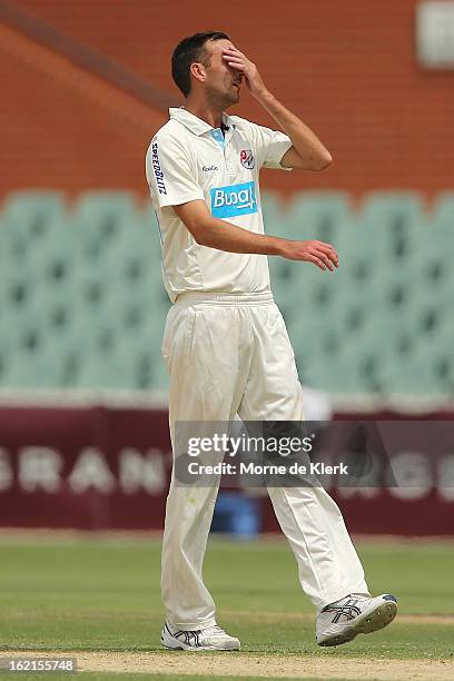 Trent Copeland of the Blues reacts during day two of the Sheffield Shield match between the South Australian Redbacks and the New South Wales Blues...