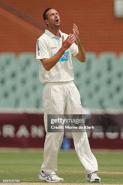 Trent Copeland of the Blues reacts during day two of the Sheffield Shield match between the South Australian Redbacks and the New South Wales Blues...