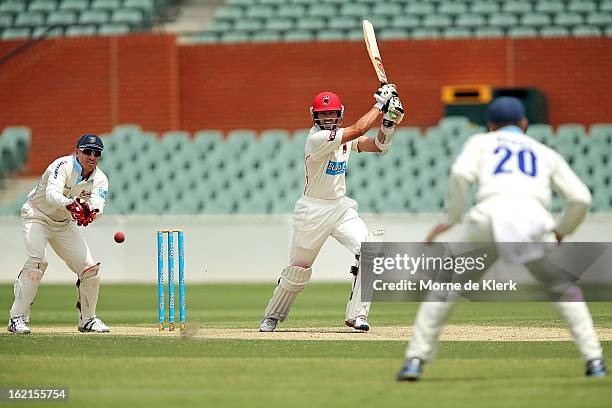 Chadd Sayers of the Redbacks bats during day two of the Sheffield Shield match between the South Australian Redbacks and the New South Wales Blues at...