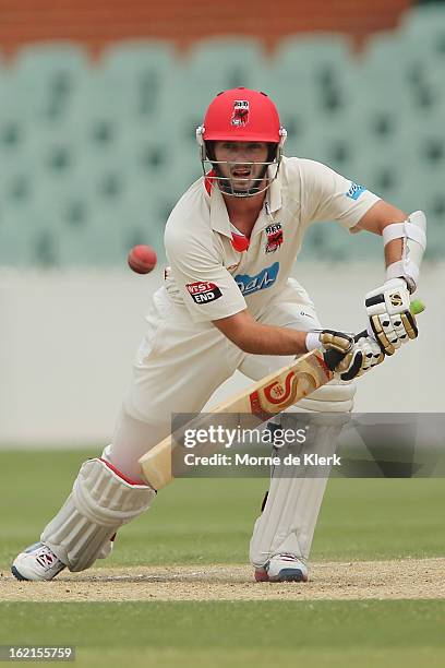 Chadd Sayers of the Redbacks bats during day two of the Sheffield Shield match between the South Australian Redbacks and the New South Wales Blues at...
