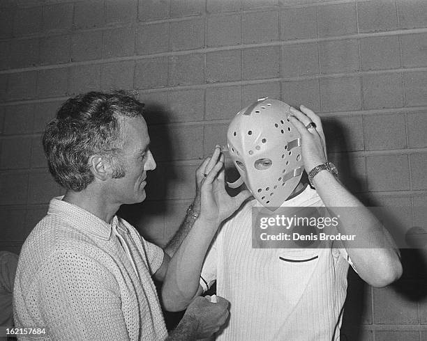 Jacques Plante has a conversation with Vladislav Tretiak of the Soviet Union prior to the start of the Summit Series circa the 1972 in Montreal,...