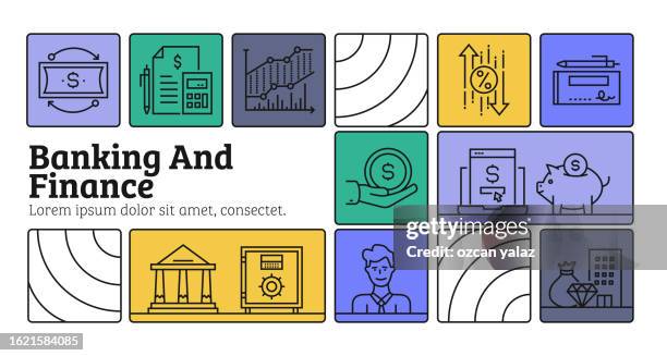 banking and finance line icon set and banner design bank , money , loan , analyzing , budget , check book - online bank statement stock illustrations