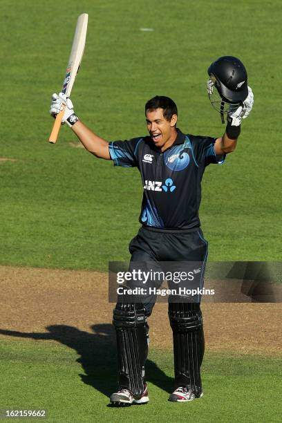 Ross Taylor of New Zealand celebrates his century during the second match of the international Twenty20 series between New Zealand and England at...