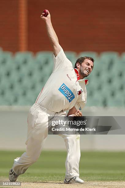 Chadd Sayers of the Redbacks bowls during day two of the Sheffield Shield match between the South Australian Redbacks and the New South Wales Blues...