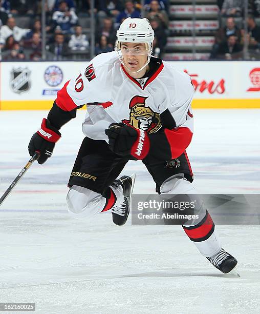 Mike Lundin of the Ottawa Senators skates up the ice during NHL action at the Air Canada Centre against the Toronto Maple Leafs February 16, 2013 in...