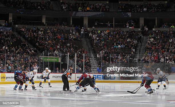 The Colorado Avalanche face off against the Nashville Predators at the Pepsi Center on February 18, 2013 in Denver, Colorado. The Avalanche defeated...