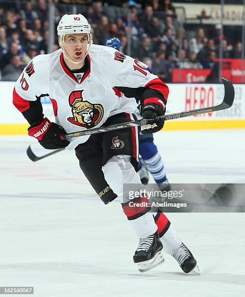 Mike Lundin of the Ottawa Senators skates up the ice during NHL action at the Air Canada Centre against the Toronto Maple Leafs February 16, 2013 in...