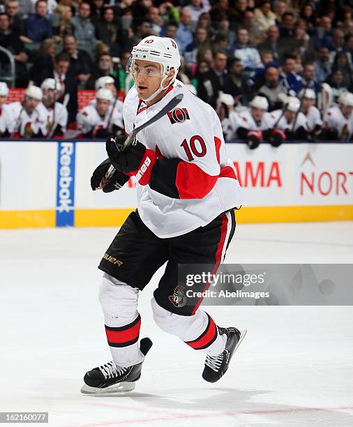 Mike Lundin of the Ottawa Senators skates up the ice during NHL action at the Air Canada Centre against the Toronto Maple Leafs February 16, 2013 in...