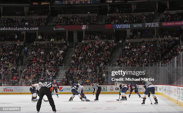 The Colorado Avalanche face off against the Nashville Predators at the Pepsi Center on February 18, 2013 in Denver, Colorado. The Avalanche defeated...