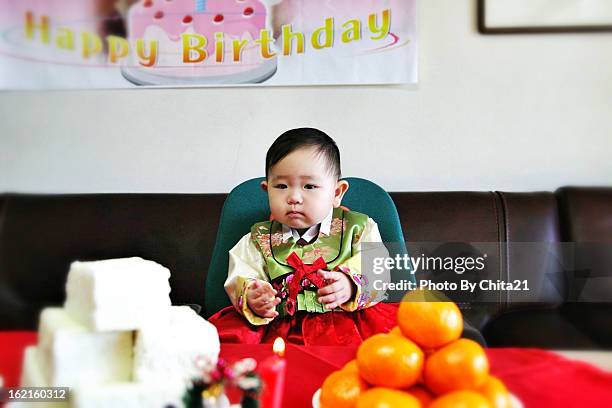 korean traditional first birthday party - korean baby girl stock-fotos und bilder