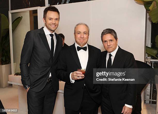 Host Joel McHale, honoree Lorne Michaels and Chairman and CEO of Paramount Brad Grey attend the 15th Annual Costume Designers Guild Awards with...