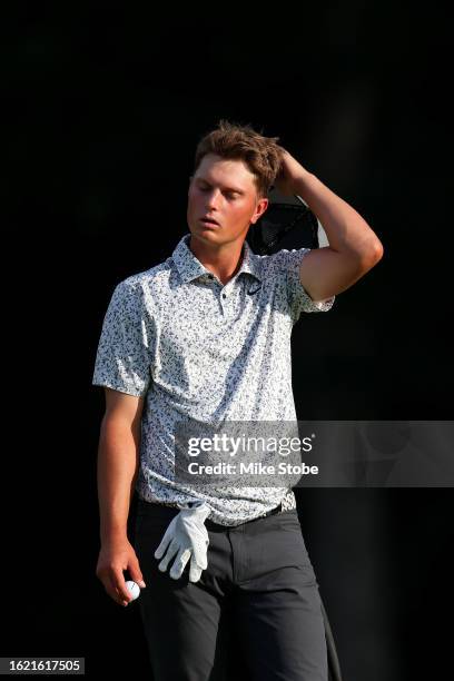 William Mouw reacts on the eighth green during the first round of the Magnit Championship at Metedeconk National Golf Club on August 17, 2023 in...