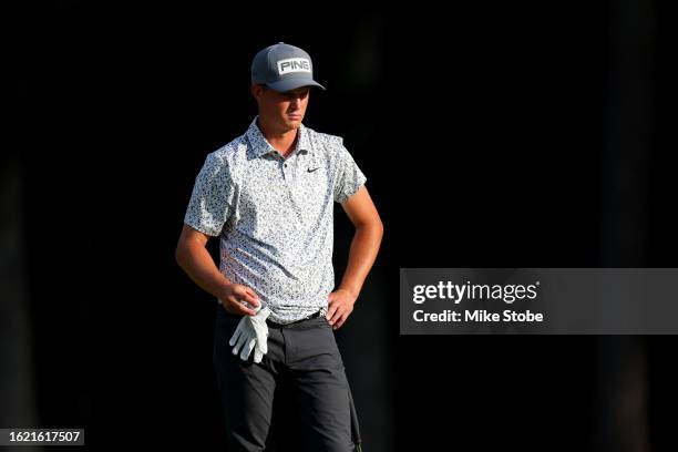 William Mouw looks on from the eighth green during the first round of the Magnit Championship at Metedeconk National Golf Club on August 17, 2023 in...