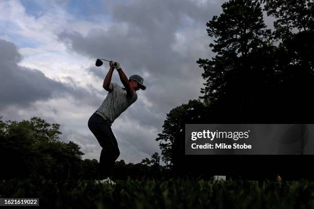 William Mouw hits a shot from the ninth tee during the first round of the Magnit Championship at Metedeconk National Golf Club on August 17, 2023 in...
