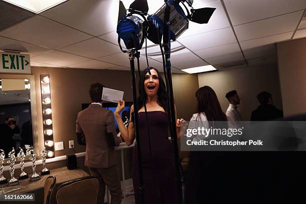 Actress Famke Janssen attends the 15th Annual Costume Designers Guild Awards with presenting sponsor Lacoste at The Beverly Hilton Hotel on February...