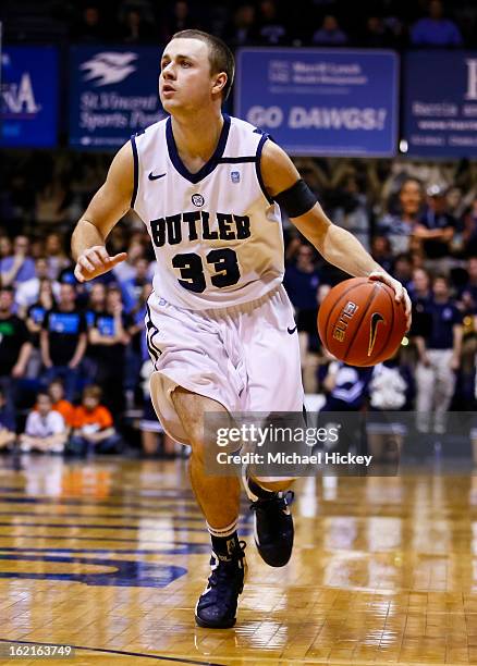 Chase Stigall of the Butler Bulldogs dribbles the ball against the Charlotte 49ers at Hinkle Fieldhouse on February 13, 2013 in Indianapolis,...