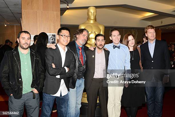 Minkyu Lee, David Silverman, Jason Schwartzman, Timothy Reckart, Fodhla Cronin O'Reilly and John Kahrs attend The Academy of Motion Picture Arts and...