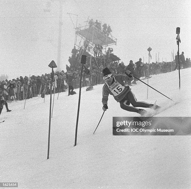 Jean-Claude Killy negotiating some gates in the Men's Slalom event during the 1968 Winter Olympic Games in Chamrousse, France. Killy won the gold...