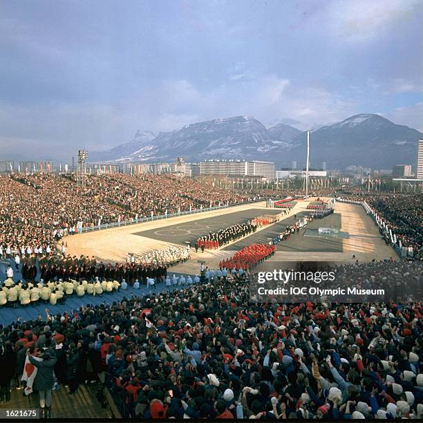 General view of the Delegations Parade during the Opening Ceremony of the 1968 Winter Olympic Games in Grenoble, France. \ Mandatory Credit: IOC...