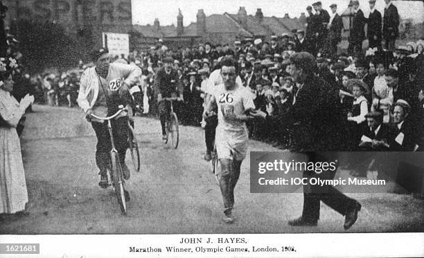 John Hayes of the USA in action during the Marathon event at the 1908 Olympic Games in London. Hayes won the gold medal in this event after the...