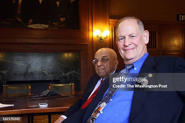 From left to right Rangaswamy Srinivasan and James Wynne sit at the historic National Academies building in Washington, D.C. On Feb. 19, 2013. They,...