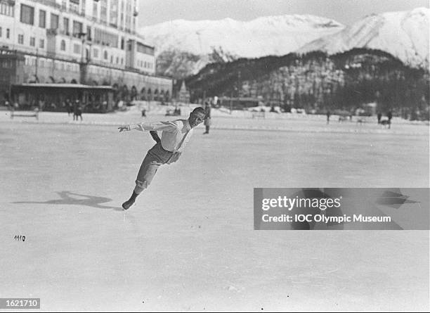 Gillis Grafstroem of Sweden in action in the Men's Figure Skating event at the 1928 Winter Olympic Games in St. Moritz, Switzerland. Grafstroem won...