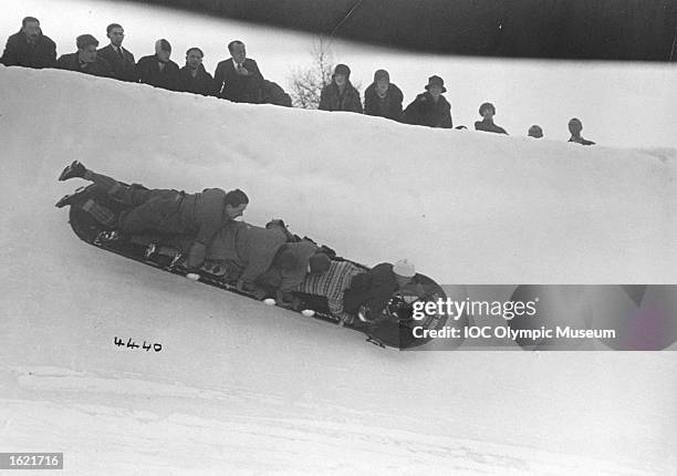 Bobsleigh team in action cornering during the Bobsleigh event at the 1928 Winter Olympic Games in St. Moritz, Switzerland. \ Mandatory Credit: IOC...