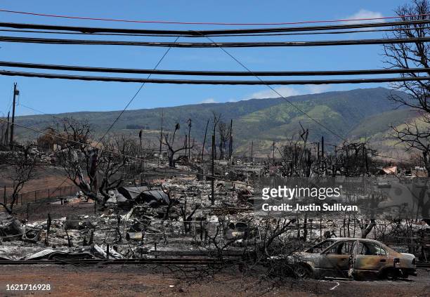 View of a neighborhood destroyed by a wildfire is seen on August 17, 2023 in Lahaina, Hawaii. At least 1110 people were killed and thousands were...