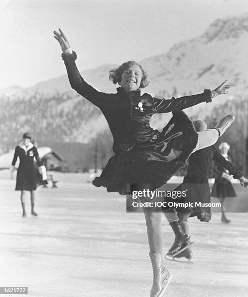 Sonja Henie of Norway practising her routine for the Women's Figure Skating event during the 1928 Winter Olympic Games in St. Moritz, Switzerland....