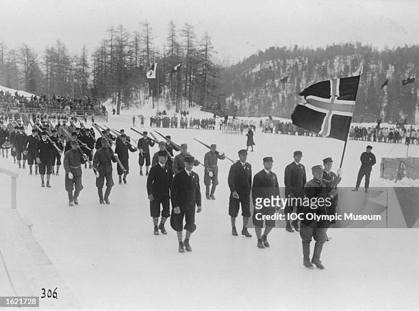 The Norwegian Delegation parading during the Opening Ceremony of the 1928 Winter Olympic Games in St. Moritz, Switzerland. \ Mandatory Credit: IOC...