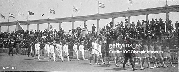 The Swiss Delegation marching past during the Opening Ceremony of the 1920 Olympic Games at the Olympic Stadium in Antwerp, Belgium. \ Mandatory...