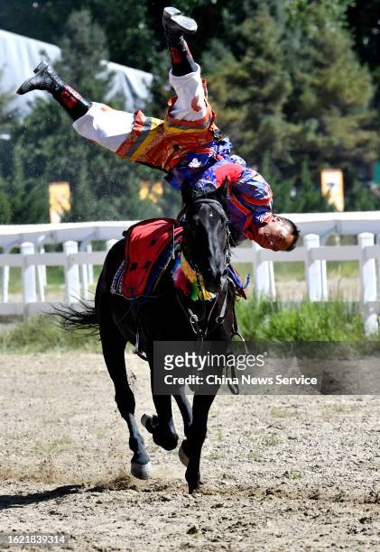 Rider demonstrates his equestrian skills during the traditional Shoton Festival on August 17, 2023 in Lhasa, Tibet Autonomous Region of China.