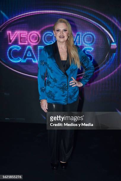 Erika Buenfil poses for a photo during the Veo Cómo Cantas Tv show Presentation at Televisa San Angel on August 17, 2023 in Mexico City, Mexico.