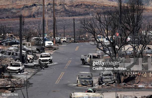 Burned cars line the street in a neighborhood on August 17, 2023 in Lahaina, Hawaii. At least 1110 people were killed and thousands were displaced...