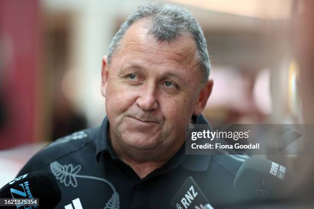 All Blacks coach Ian Foster speaks to media as the All Blacks depart for the Rugby World Cup at Auckland International Airport on August 18, 2023 in...