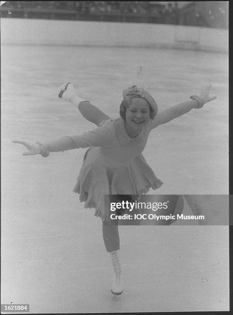 Sonja Henie of Norway in action during her routine in the Women's Figure Skating event at the 1936 Winter Olympic Games in Garmisch-Partenkirchen,...