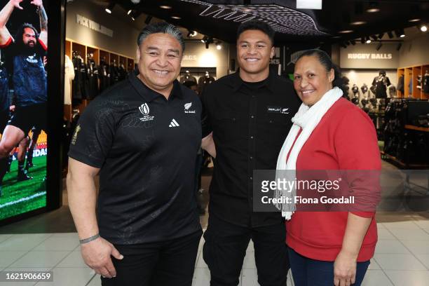 Caleb Clarke poses with his fatehr Eroni Clarke and mother Siala Clarke as the All Blacks depart for the Rugby World Cup at Auckland International...