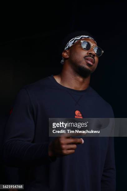 Myles Garrett of the Cleveland Browns looks on before a preseason game against the Philadelphia Eagle at Lincoln Financial Field on August 17, 2023...