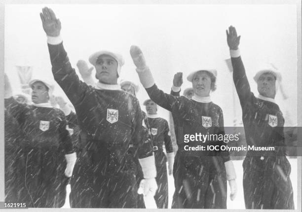 The Austrian delegation givie the Nazi salute during the Opening Ceremony of the 1936 Winter Olympic Games in Garmisch-Partenkirchen, Germany. \...