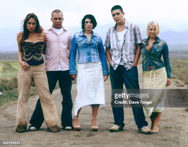 British reality TV pop group Hear'Say pose for a group portrait, UK, 2001. L-R: Myleene Klass, Danny Foster, Kym Marsh, Noel Sullivan and Suzanne...